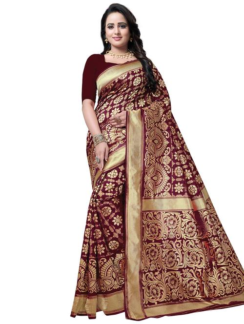 floral zari motif banarasi saree with blouse - 16202932 - Very Small Image - 1