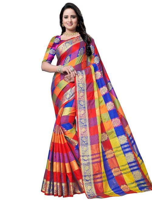 checkered zari motif banarasi saree with blouse - 16202936 - Very Small Image - 1