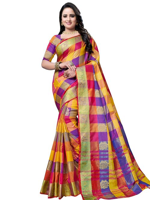 checkered zari motif banarasi saree with blouse - 16202941 - Very Small Image - 1
