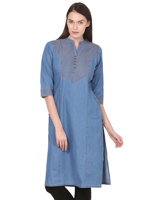 denim straight kurta - 16202991 - Very Small Image - 1