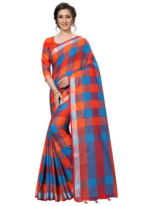 contrast checkered woven saree with blouse - 16204167 - Very Small Image - 1