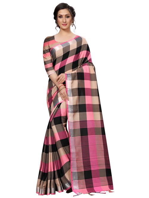 contrast checkered woven saree with blouse - 16204168 - Very Small Image - 1