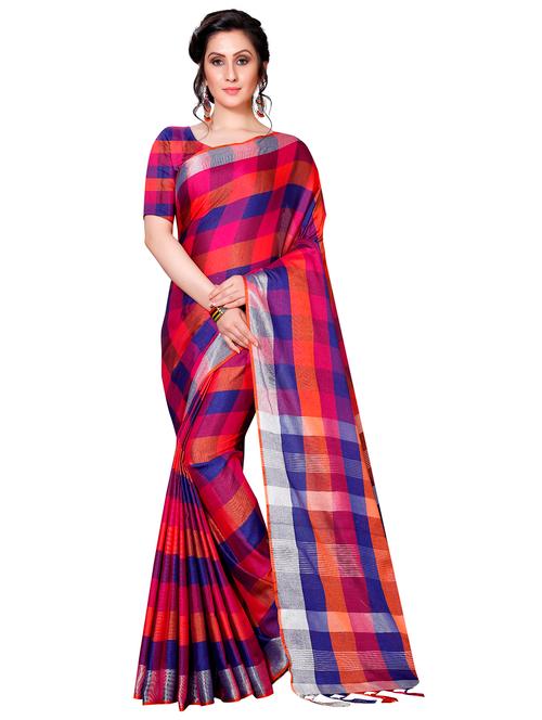 contrast checkered woven saree with blouse - 16204169 - Very Small Image - 1