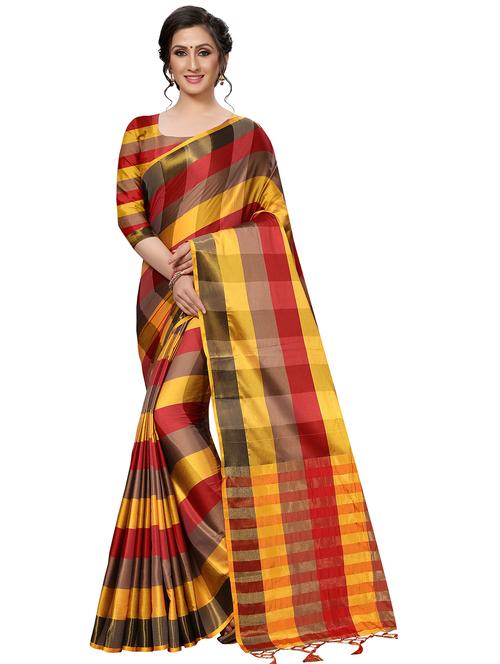 contrast checkered woven saree with blouse - 16204178 - Very Small Image - 1