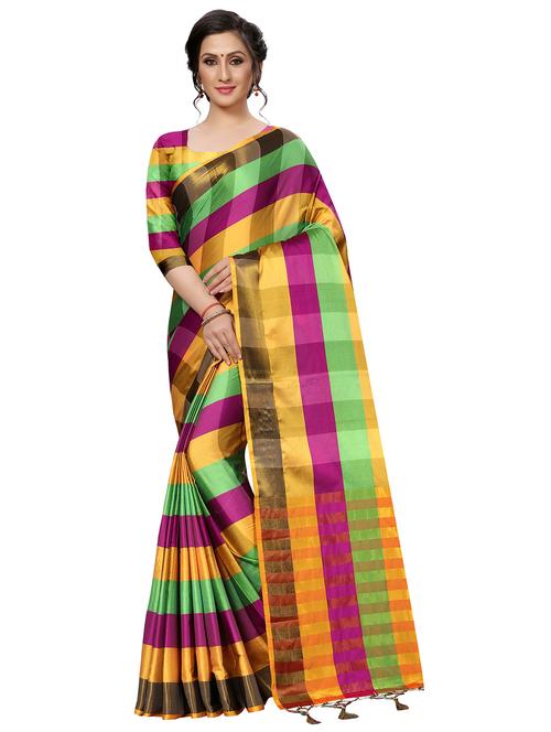 contrast checkered woven saree with blouse - 16204180 - Very Small Image - 1