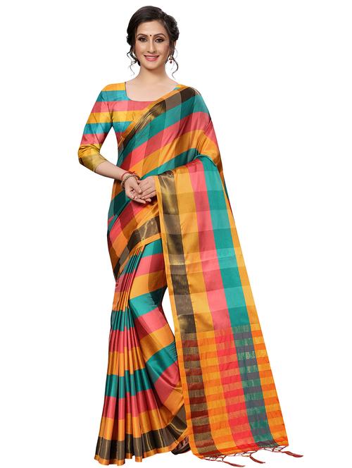 contrast checkered woven saree with blouse - 16204184 - Very Small Image - 1