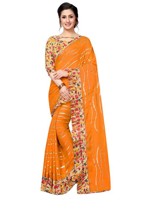foil printed ruffle border saree with blouse - 16204197 - Very Small Image - 1