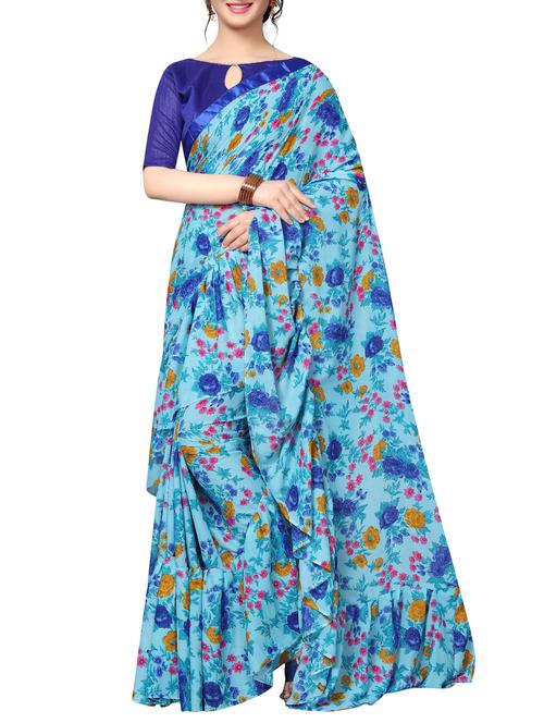 floral printed ruffle border saree with blouse - 16204198 - Very Small Image - 1