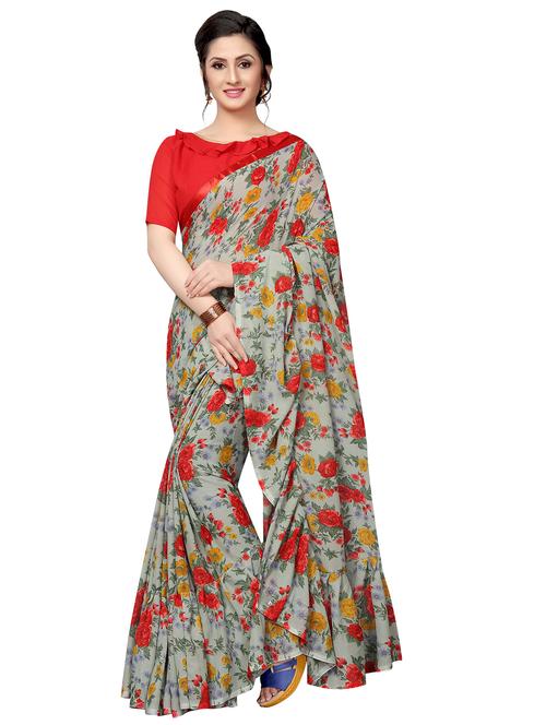 floral printed ruffle border saree with blouse - 16204199 - Very Small Image - 1