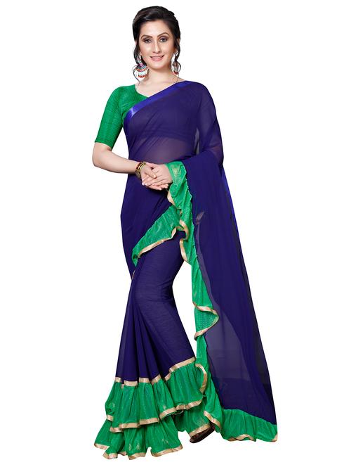 contrast lace ruffle border saree with blouse - 16204200 - Very Small Image - 1