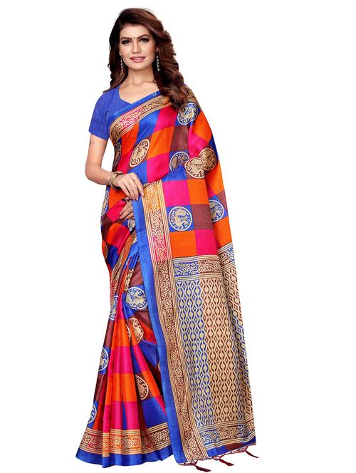 contrast checkered printed saree with blouse - 16204216 - Very Small Image - 1