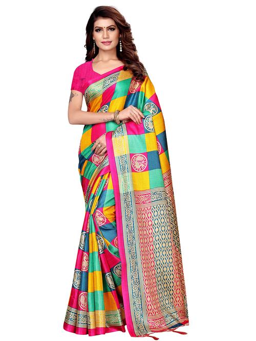 contrast checkered printed saree with blouse - 16204218 - Very Small Image - 1