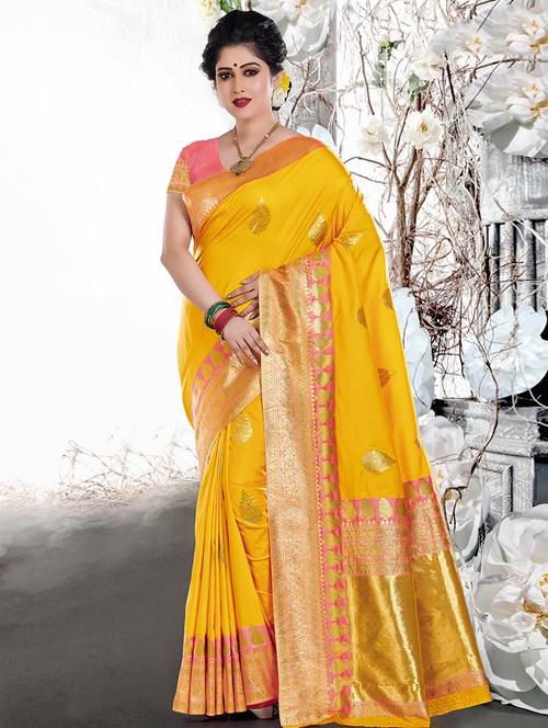 yellow silk kanjivaram saree with blouse - 16208121 - Very Small Image - 1