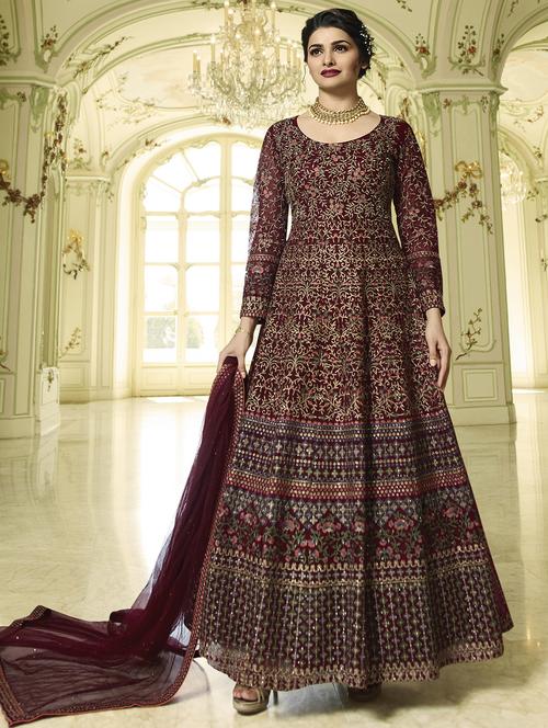 floral embroidered semi-stitched anarkali suit - 16214444 - Very Small Image - 1