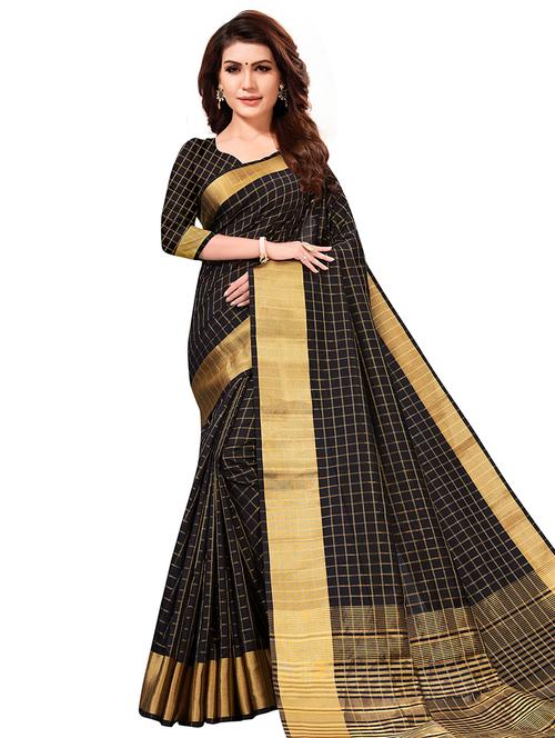 checkered zari motif banarasi saree with blouse - 16215023 - Very Small Image - 1