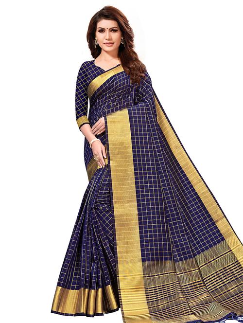 checkered zari motif banarasi saree with blouse - 16215027 - Very Small Image - 1