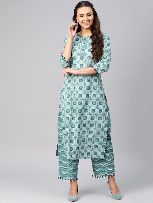 turquoise geometrical printed kurta with palazzo set - 16218876 - Very Small Image - 1