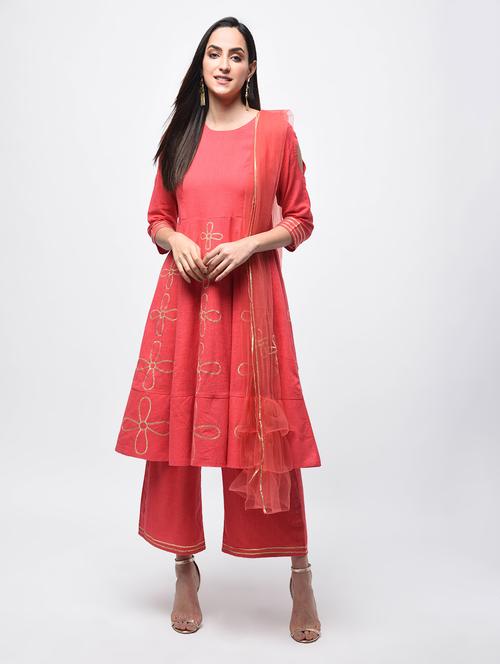red flared kurta palazzo dupatta set - 16219231 - Very Small Image - 1