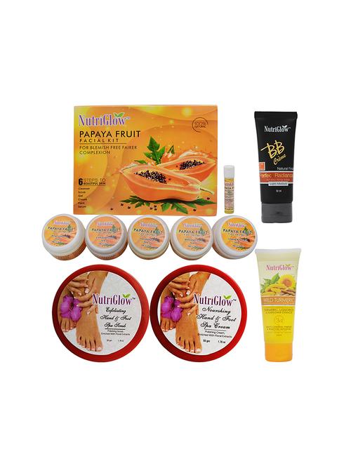 nutriglow set of 1 papaya fruit facial kit + 1 bb cream + 2 hand and foot scrub and cream + 1 wild turmeric face waswh - 16219364 - Very Small Image - 1