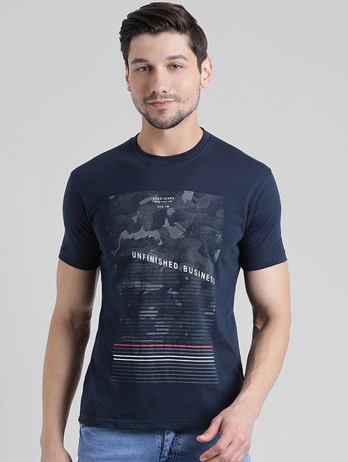 navy blue front print t-shirt - 16220449 - Very Small Image - 1