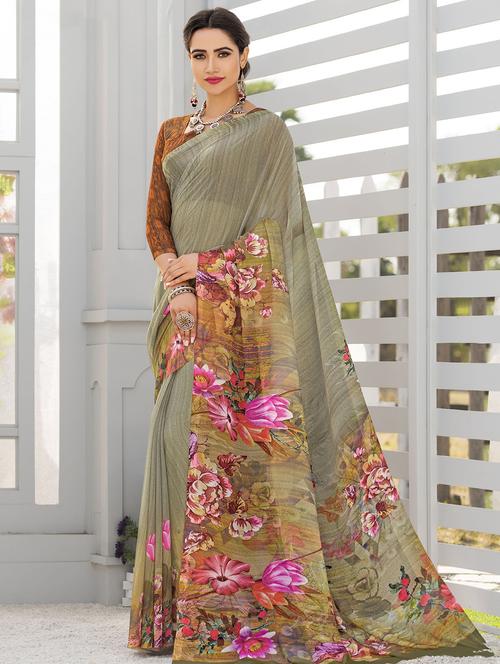 digital floral printed saree with blouse - 16222248 - Very Small Image - 1