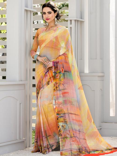 digital floral printed saree with blouse - 16222255 - Very Small Image - 1
