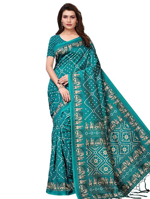 turquoise bandhani saree with blouse - 16222533 - Very Small Image - 1