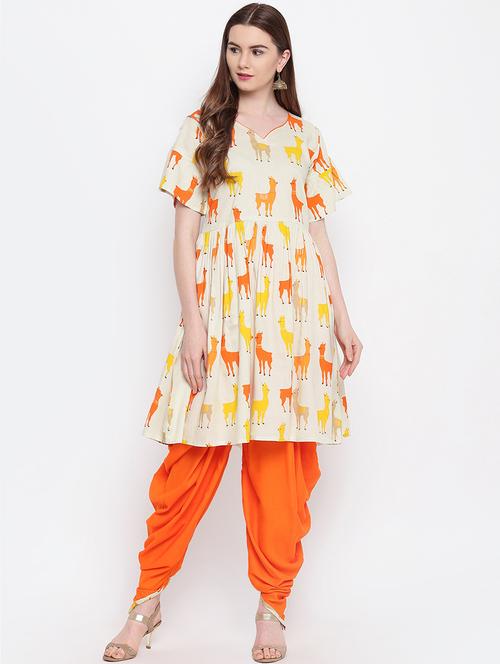 conversational printed kurta with dhoti set - 16225379 - Very Small Image - 1
