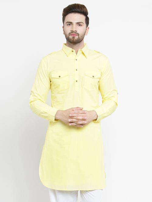 yellow solid pathani kurta - 16226458 - Very Small Image - 1