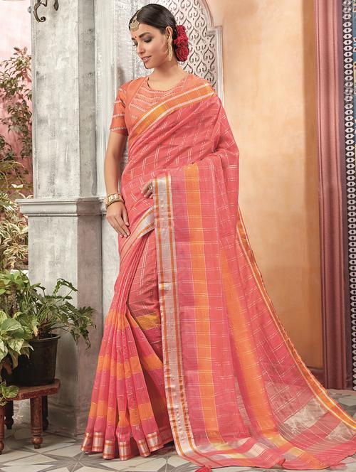 checkered zari motif woven saree with blouse - 16226790 - Very Small Image - 1