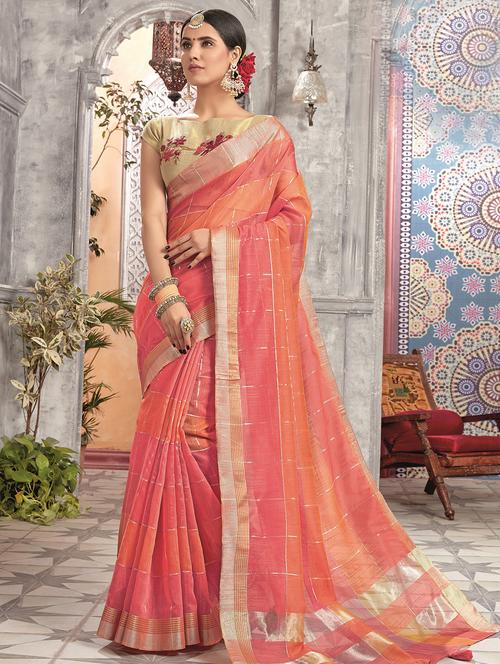 checkered zari motif woven saree with blouse - 16226794 - Very Small Image - 1
