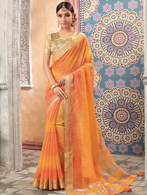 women's checks orange colored saree with blouse - 16226795 - Very Small Image - 1