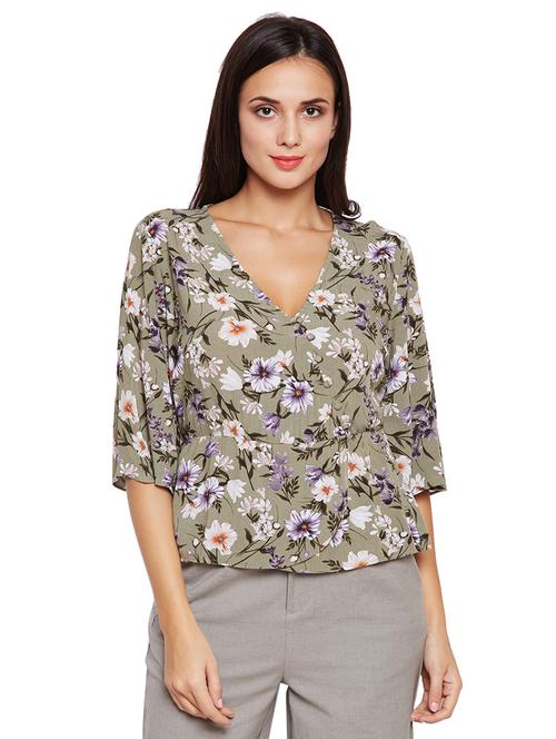 overlap neck floral top - 16228449 - Very Small Image - 1