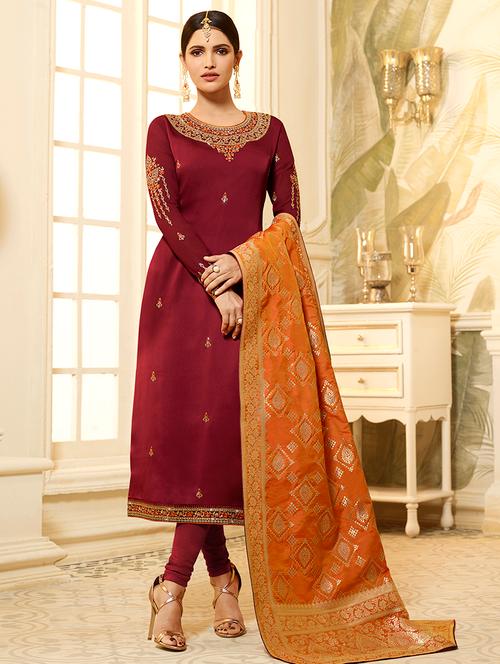 embroidered churidaar unstitched suit - 16228663 - Very Small Image - 1