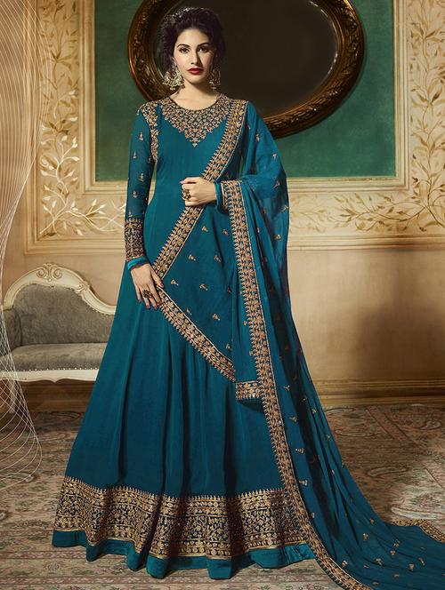 teal embroidered semi-stitched flared suit set - 16228978 - Very Small Image - 1