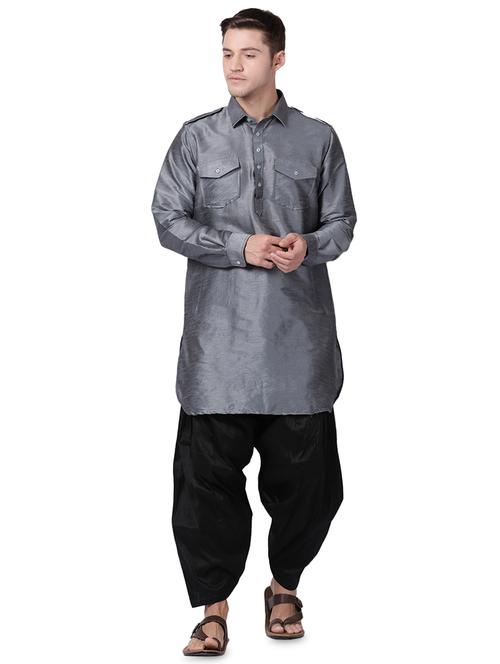grey cotton blend pathani kurta - 16229297 - Very Small Image - 1