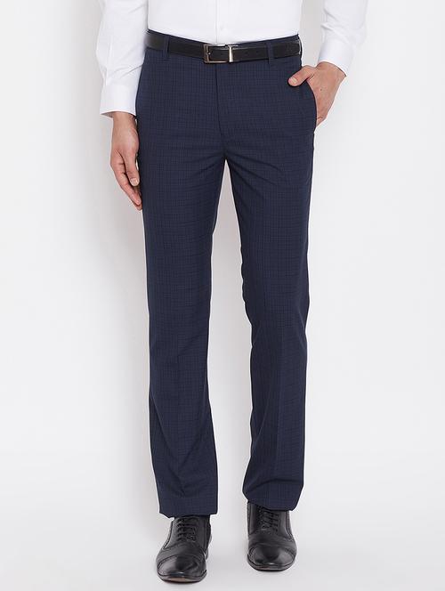navy blue checkered flat front formal trouser - 16229725 - Very Small Image - 1