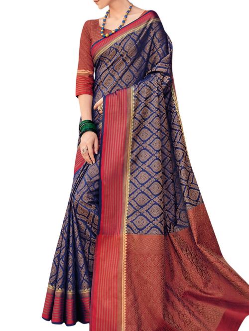ethnic zari motif banarasi saree with blouse - 16231672 - Very Small Image - 1