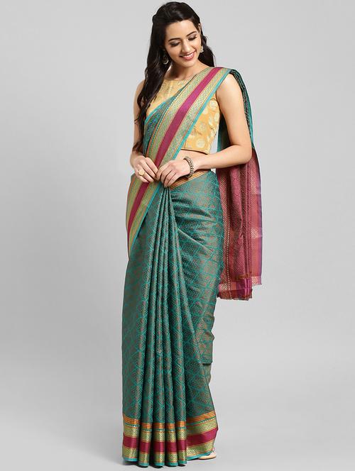 contrast zari border woven saree with blouse - 16231677 - Very Small Image - 1