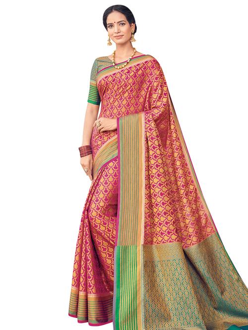 geometrical zari motif banarasi saree with blouse - 16231678 - Very Small Image - 1