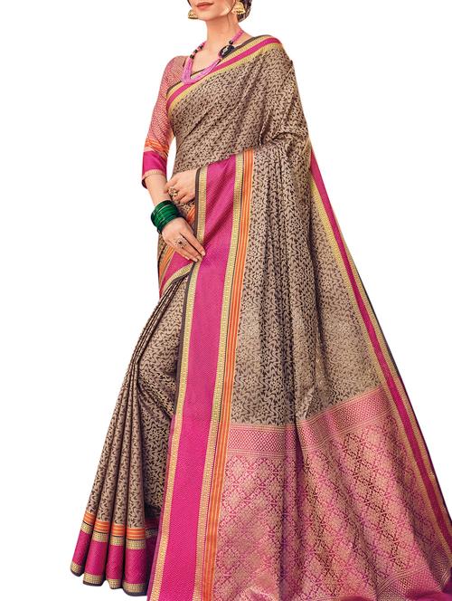 floral zari motif banarasi saree with blouse - 16231679 - Very Small Image - 1