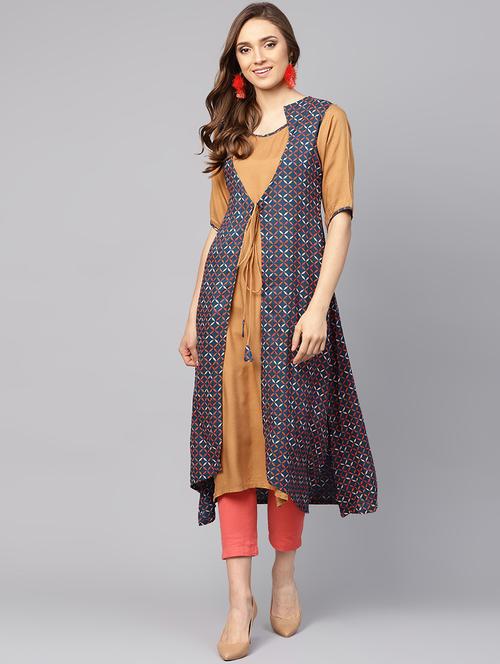 solid kurta with geometrical printed jacket - 16231943 - Very Small Image - 1