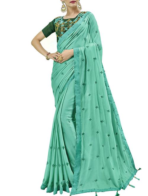 turquoise chiffon embroidered saree with blouse - 16231959 - Very Small Image - 1