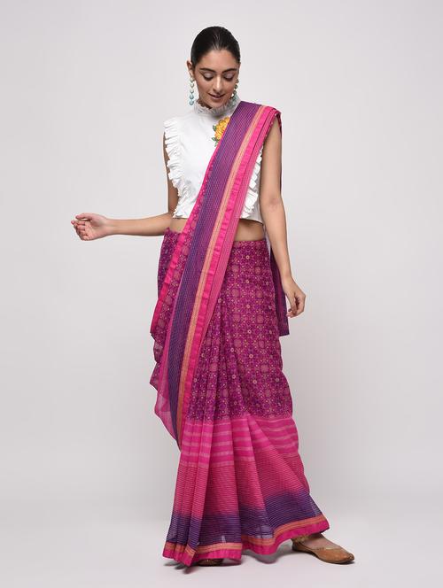 zari bordered printed saree with blouse - 16236726 - Very Small Image - 1