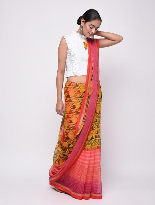 zari bordered printed saree with blouse - 16236727 - Very Small Image - 1