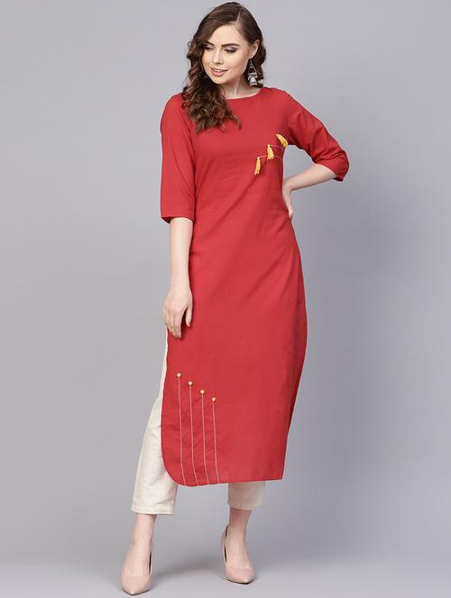 solid straight kurta with tassels - 16237459 - Very Small Image - 1
