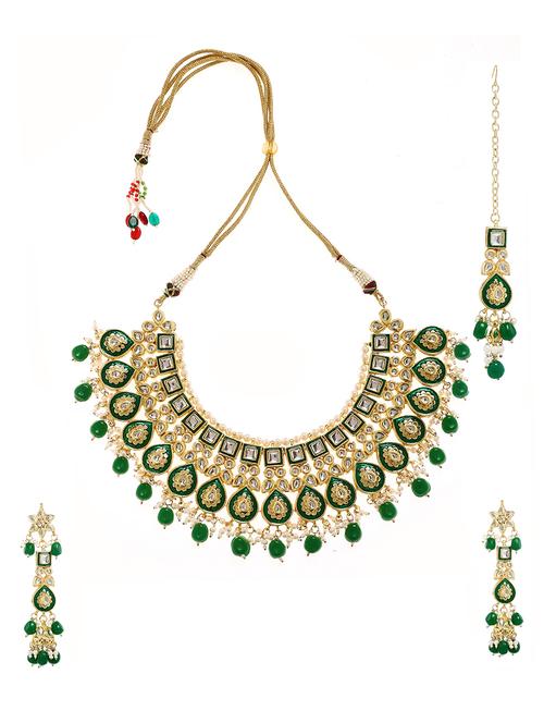 women gold metal kundan necklace set with earring and maangtika - 16239288 - Very Small Image - 1