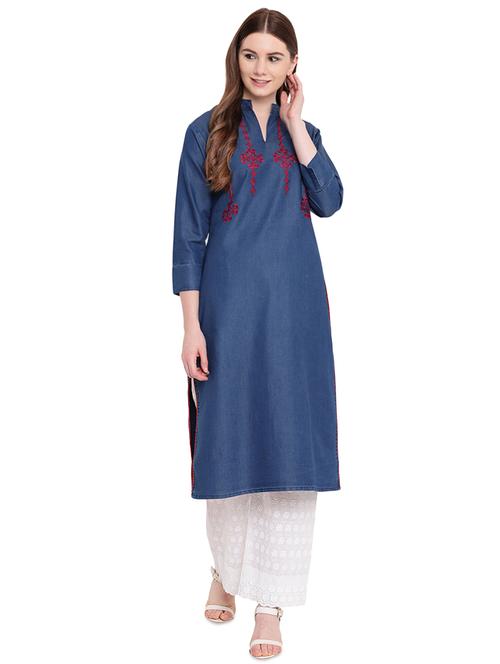 embroidered denim straight kurta - 16239875 - Very Small Image - 1