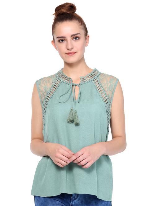 lace panel tie up neck top - 16241717 - Very Small Image - 1