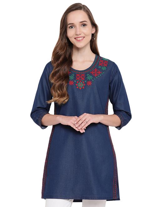 floral embroidered denim straight kurti - 16243959 - Very Small Image - 1